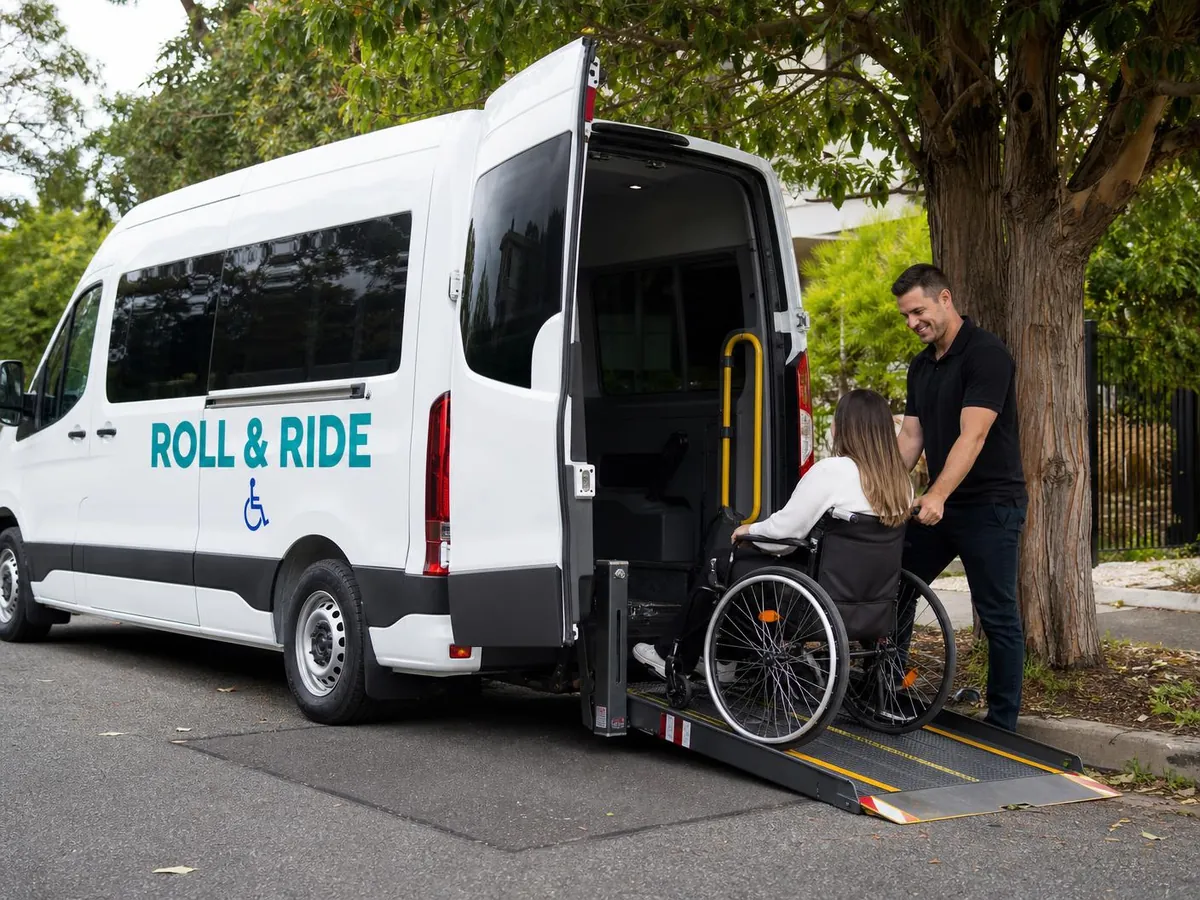 A Roll & Ride driver assisting a wheelchair user boarding a branded accessible van on a Melbourne street.