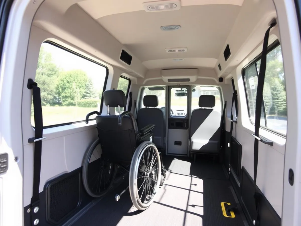 Interior of a Roll & Ride wheelchair accessible vehicle showing floor anchor points and four-point wheelchair restraints.